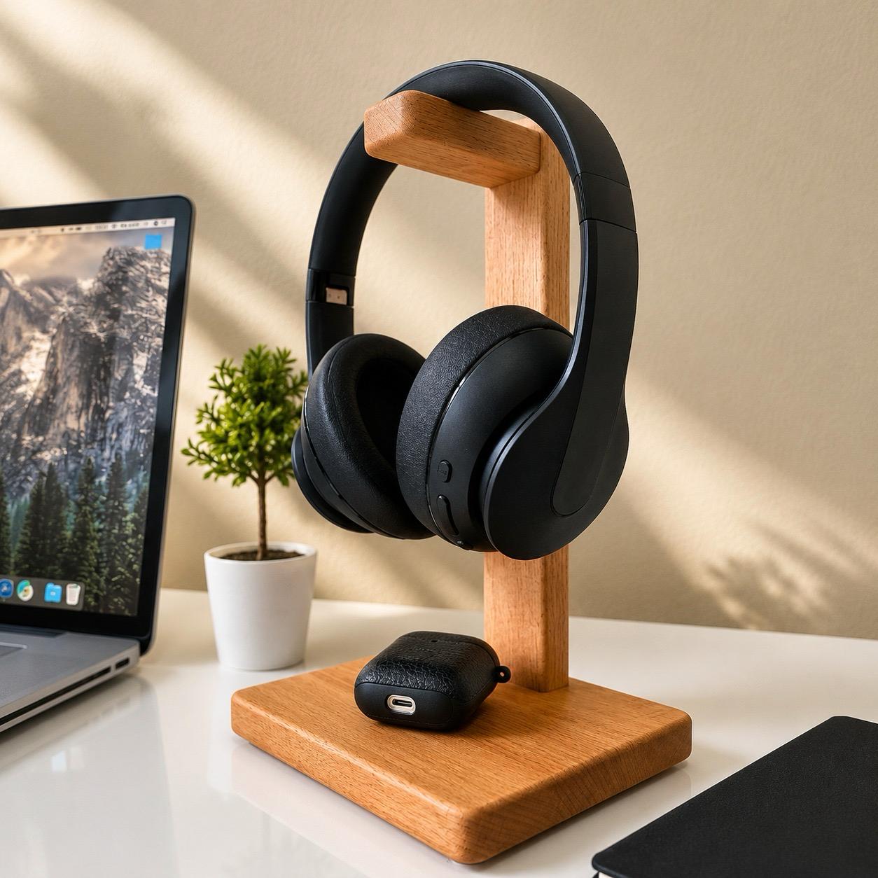 Vastupadma Solid Wood Headphone Stand for Desk, 12 Inch Tall Wooden Headset Holder with Wide Base, Over Ear Headphone Stand & Desk Organizer for Home, Office, Gaming Setup and Study Table, 7 x 7 Inch