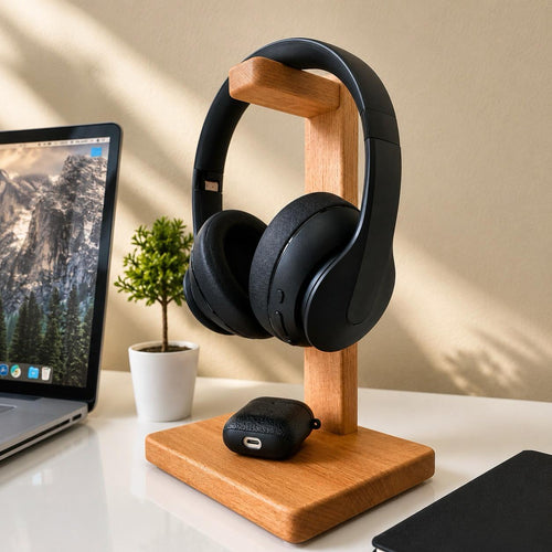 Vastupadma Solid Wood Headphone Stand for Desk, 12 Inch Tall Wooden Headset Holder with Wide Base, Over Ear Headphone Stand & Desk Organizer for Home, Office, Gaming Setup and Study Table, 7 x 7 Inch