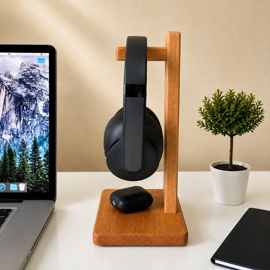 Vastupadma Solid Wood Headphone Stand for Desk, 12 Inch Tall Wooden Headset Holder with Wide Base, Over Ear Headphone Stand & Desk Organizer for Home, Office, Gaming Setup and Study Table, 7 x 7 Inch