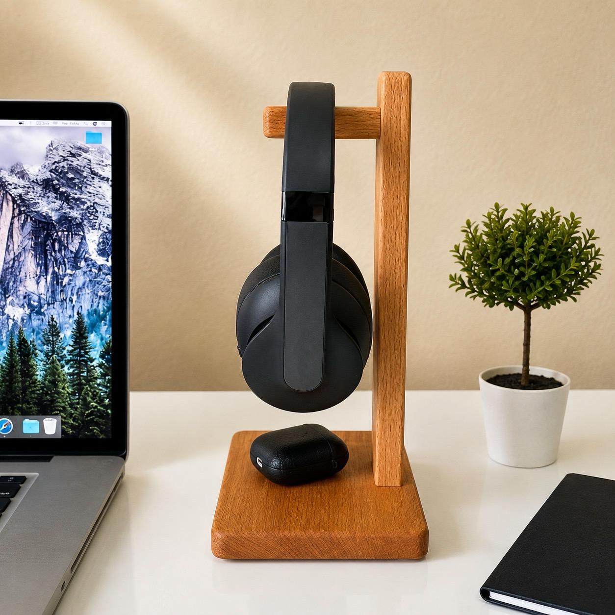 Vastupadma Solid Wood Headphone Stand for Desk, 12 Inch Tall Wooden Headset Holder with Wide Base, Over Ear Headphone Stand & Desk Organizer for Home, Office, Gaming Setup and Study Table, 7 x 7 Inch