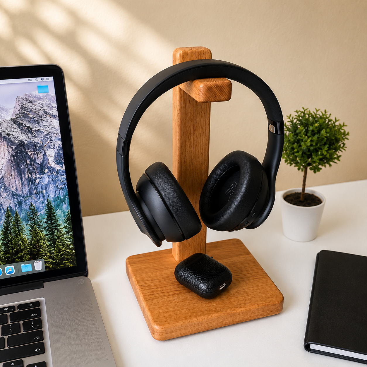 Vastupadma Solid Wood Headphone Stand for Desk, 12 Inch Tall Wooden Headset Holder with Wide Base, Over Ear Headphone Stand & Desk Organizer for Home, Office, Gaming Setup and Study Table, 7 x 7 Inch