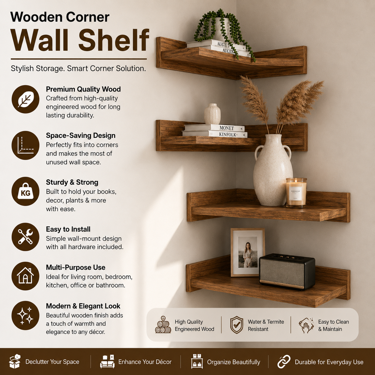 Solid Wood Corner Wall Shelf 30x16 cm for Home Decor