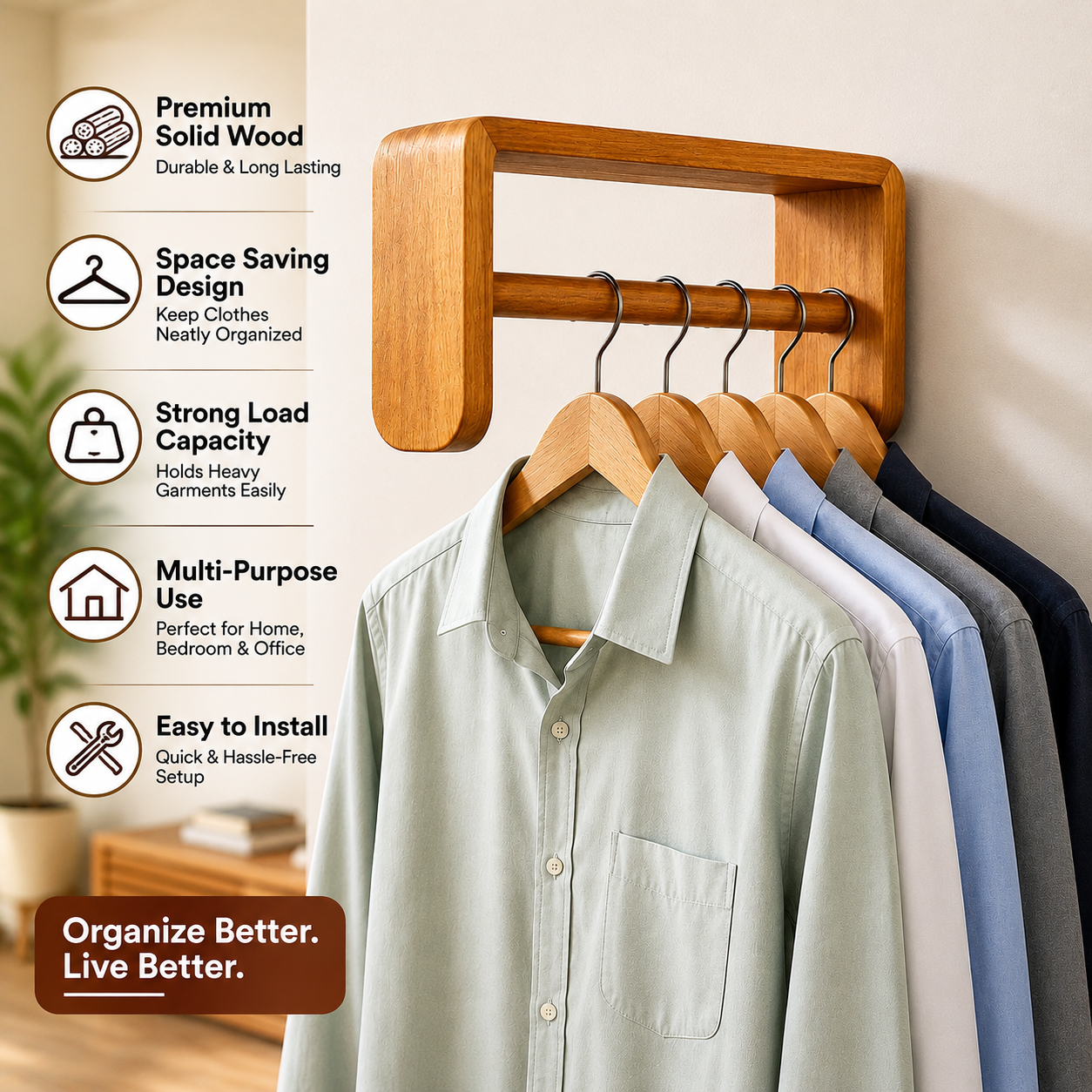 Vastupadma Solid Wood Wall Mounted Clothes Hanger for Bedroom & Entryway – Wooden Wall Hanging Rack for Shirts, Coats & Garments | Space Saving Clothes Organizer | 30 × 43 cm