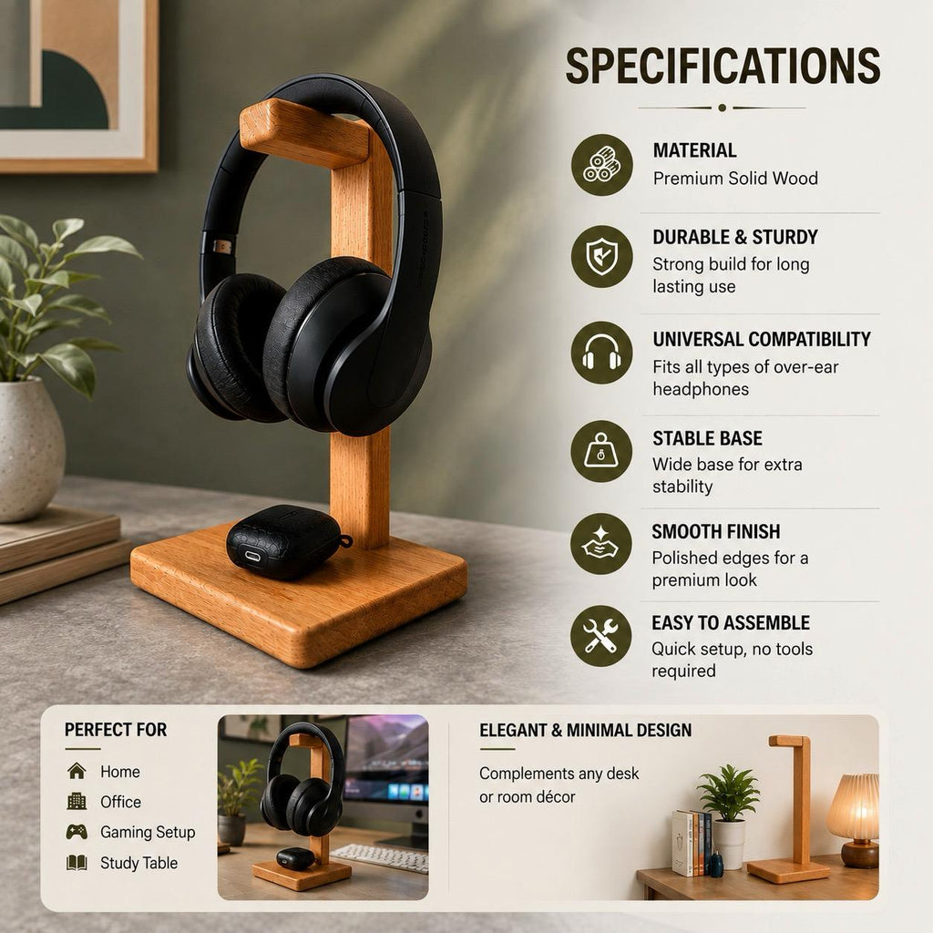 Vastupadma Solid Wood Headphone Stand for Desk, 12 Inch Tall Wooden Headset Holder with Wide Base, Over Ear Headphone Stand & Desk Organizer for Home, Office, Gaming Setup and Study Table, 7 x 7 Inch