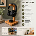 Vastupadma Solid Wood Headphone Stand for Desk, 12 Inch Tall Wooden Headset Holder with Wide Base, Over Ear Headphone Stand & Desk Organizer for Home, Office, Gaming Setup and Study Table, 7 x 7 Inch