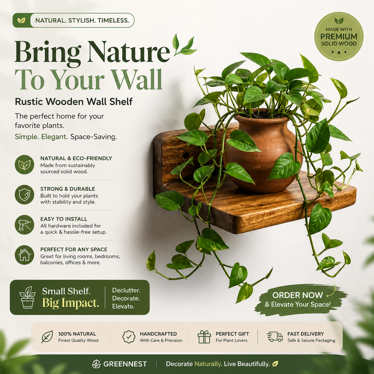 Premium Wooden Floating Wall Shelf (Single Piece) – Natural Solid Wood Display Rack | 18x15x7 cm – Wall Mounted Shelf for Home & Office Décor | Small Plant & Showpiece Stand