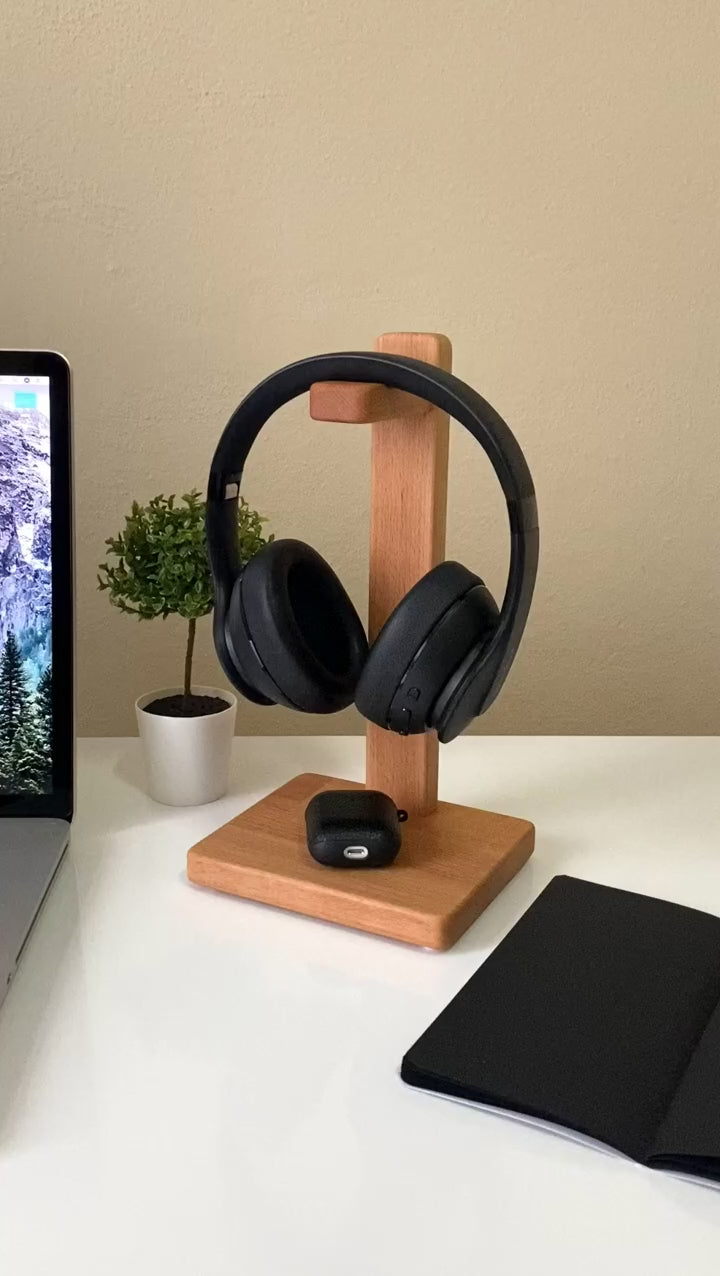 Vastupadma Solid Wood Headphone Stand for Desk, 12 Inch Tall Wooden Headset Holder with Wide Base, Over Ear Headphone Stand & Desk Organizer for Home, Office, Gaming Setup and Study Table, 7 x 7 Inch